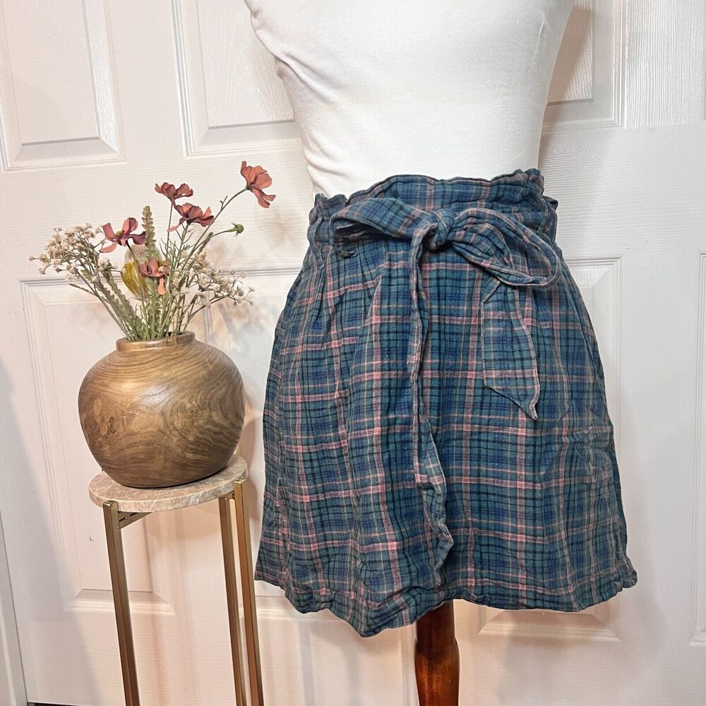 American Eagle‎ Womens Green Plaid Linen Blend Tie Shorts Sz M Heritage Academia